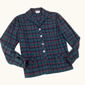 Vintage 1950s Tartan Plaid Wool Shirt Jacket Green Red Tartan Bobbie Brooks SM -